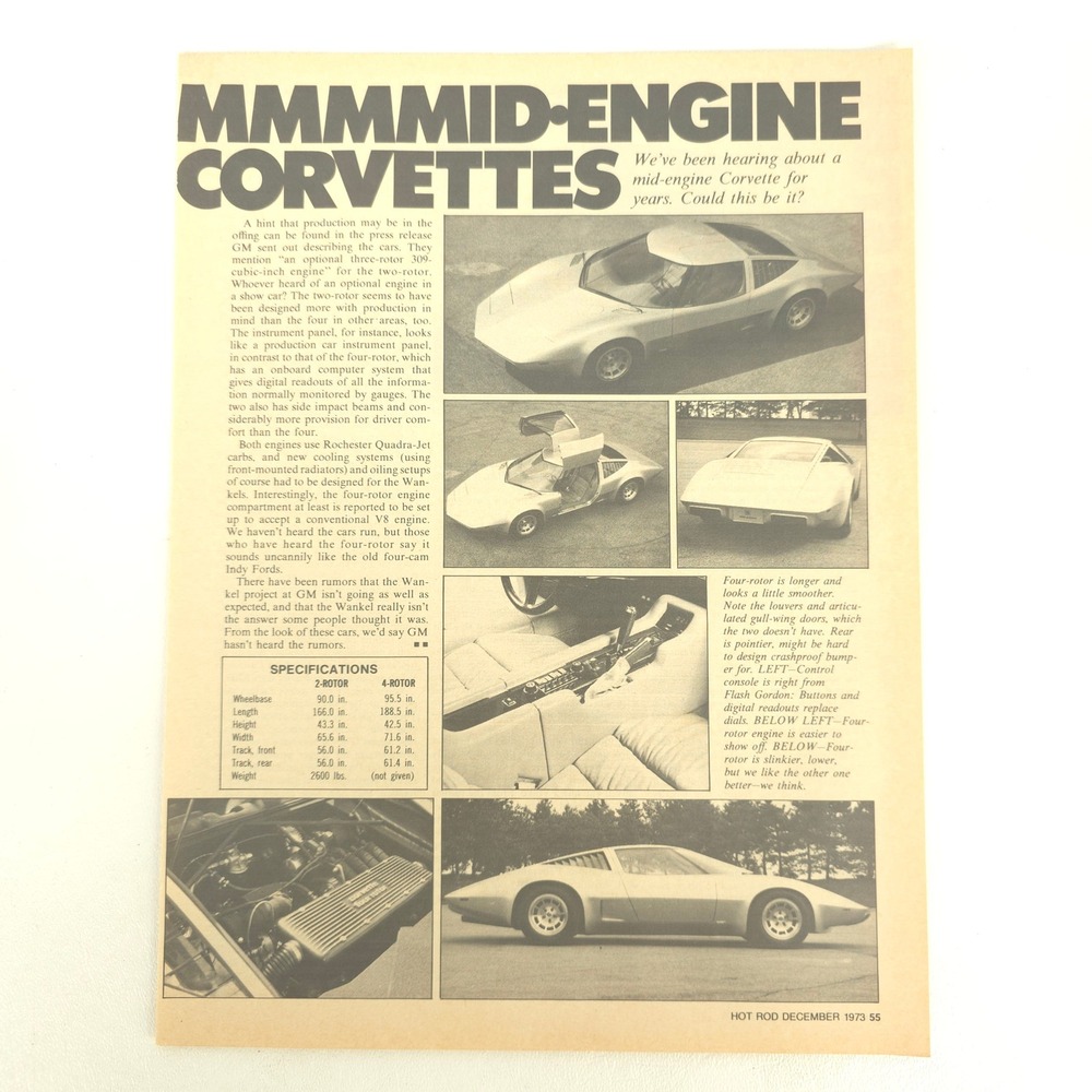 Chevrolet Corvette Mid-Engine Print Ad Vintage Wankel Garage Wall Show Display